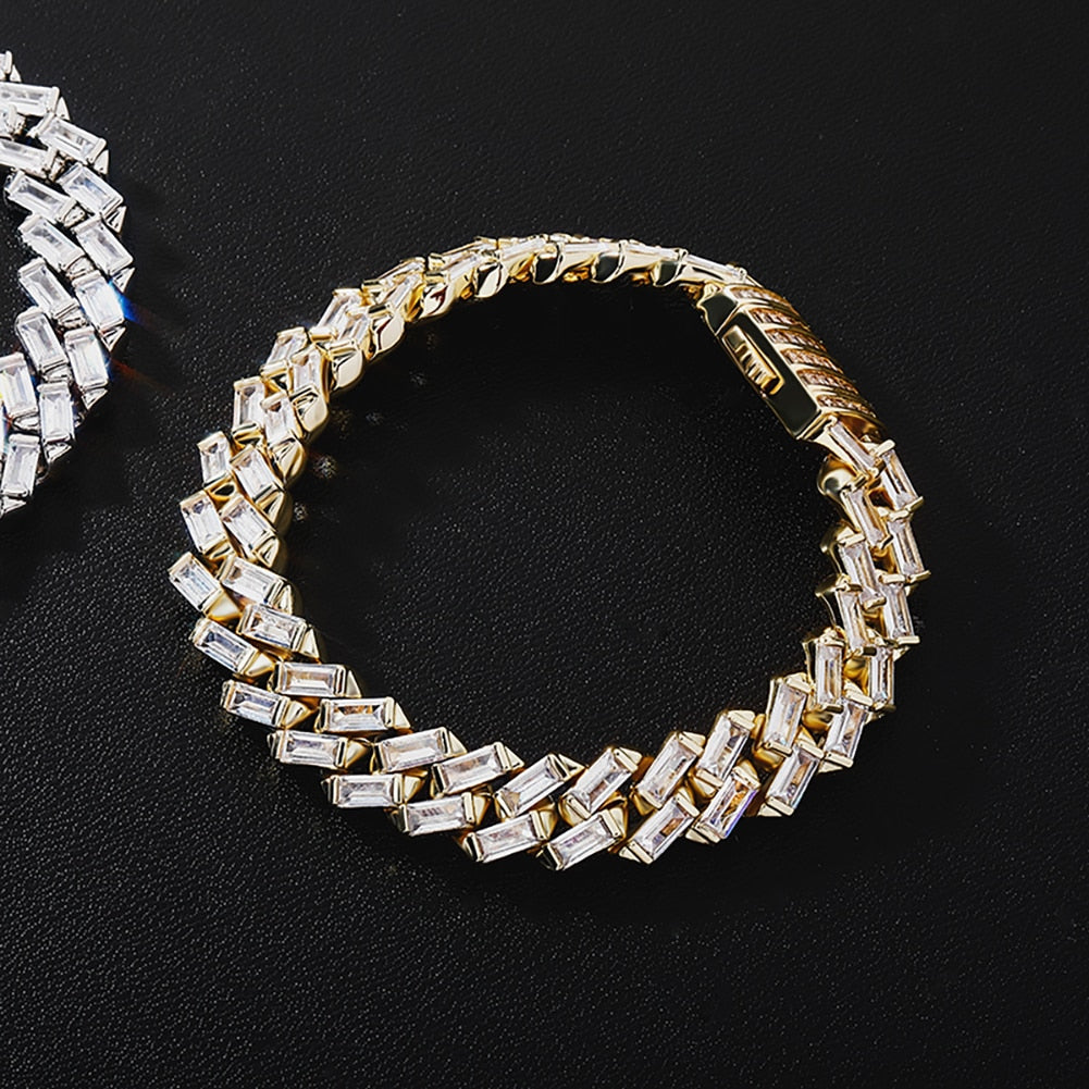 12mm Baguette Cuban Bracelet - Hollow Hearts